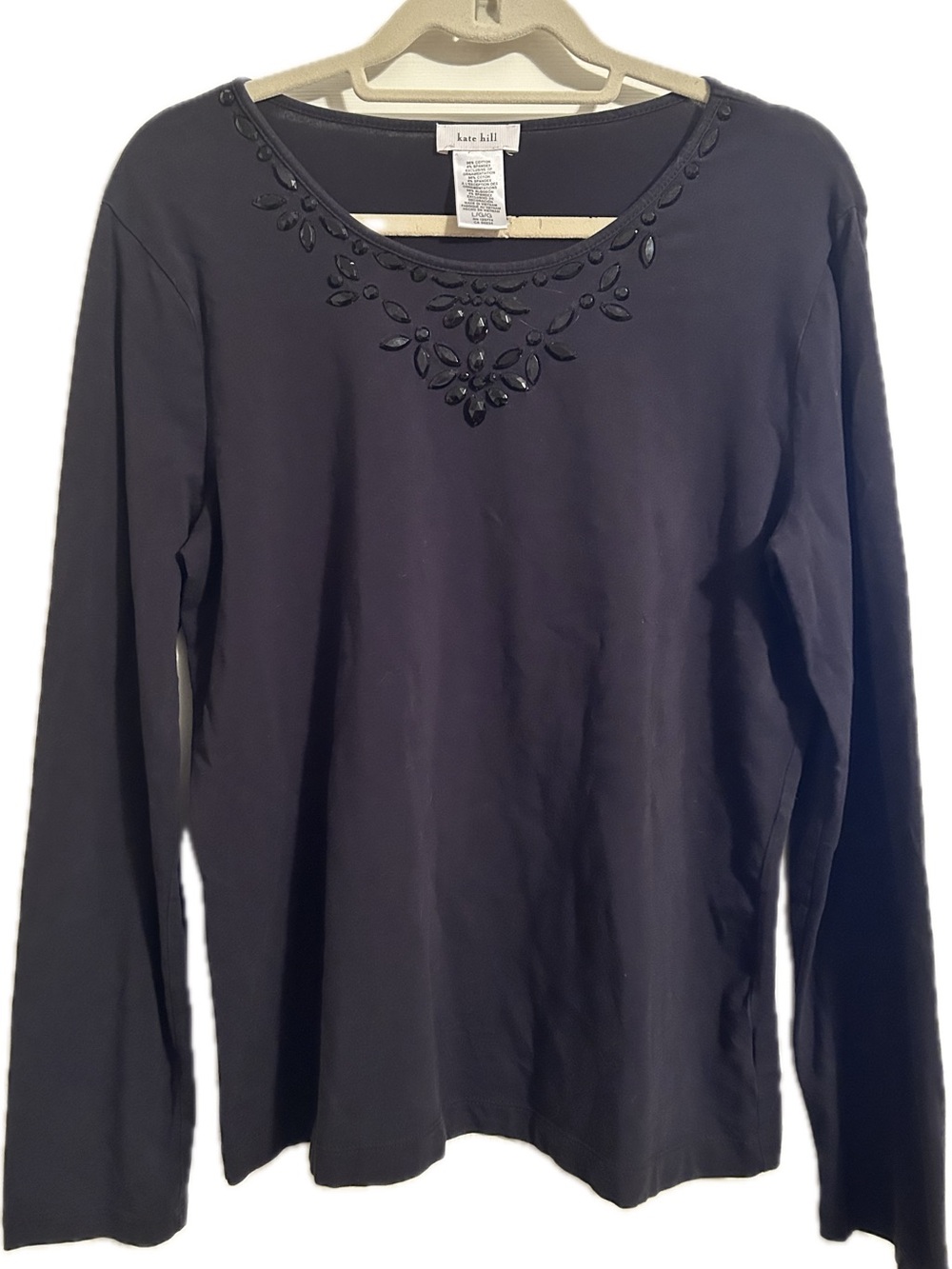 SZ L Kate Hill Black Long-Sleeve Top with Beaded Scoop Neck